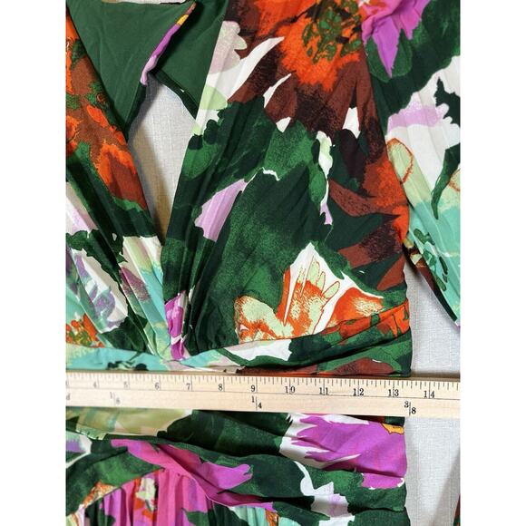 Anthropologie Size 6 Maeve Pleated Long Dress V Neck Green Floral Wedding Date - Picture 11 of 14